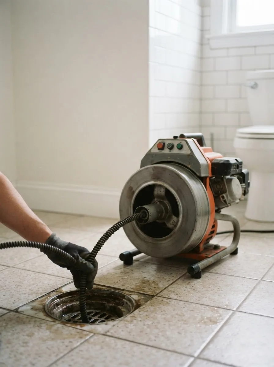 A drain cable machine feeding its cable into an open floor waste in a bathroom.