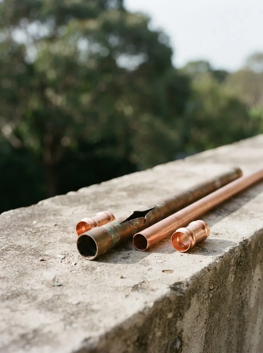 A split section of copper pipe cut out of a wall with new pipe and fittings laid beside it.
