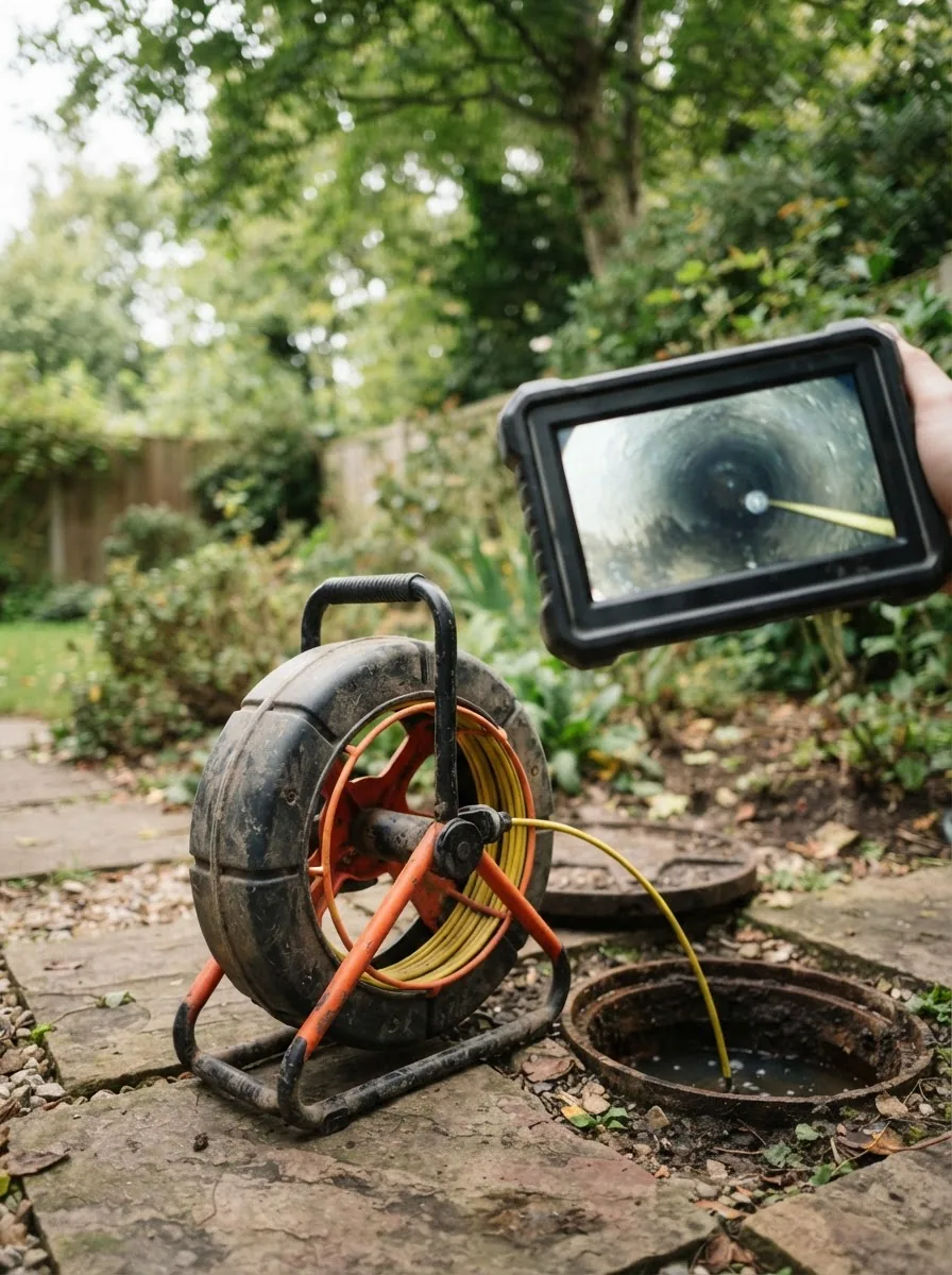 A drain inspection camera reel beside an open inspection opening with a handheld monitor showing the inside of a pipe.