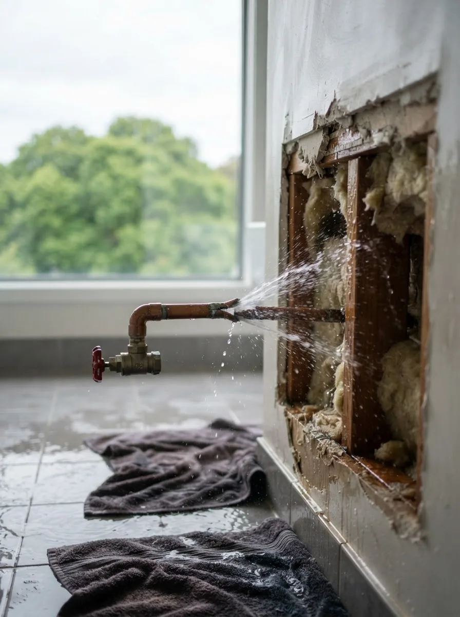 A burst copper pipe spraying water inside an opened wall with an isolation valve on the pipe beside it.