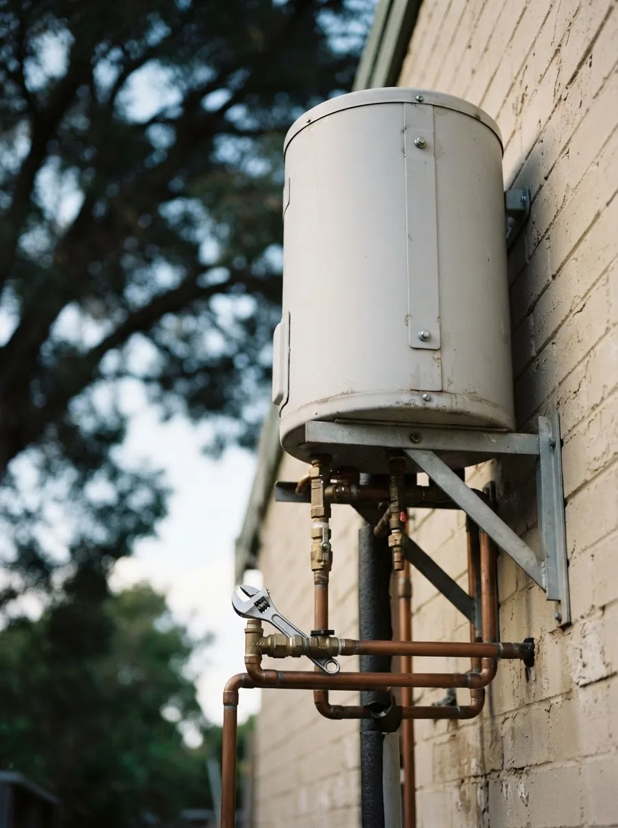 A storage hot water unit on an outside wall with copper pipes, valves and a spanner on the pipework.