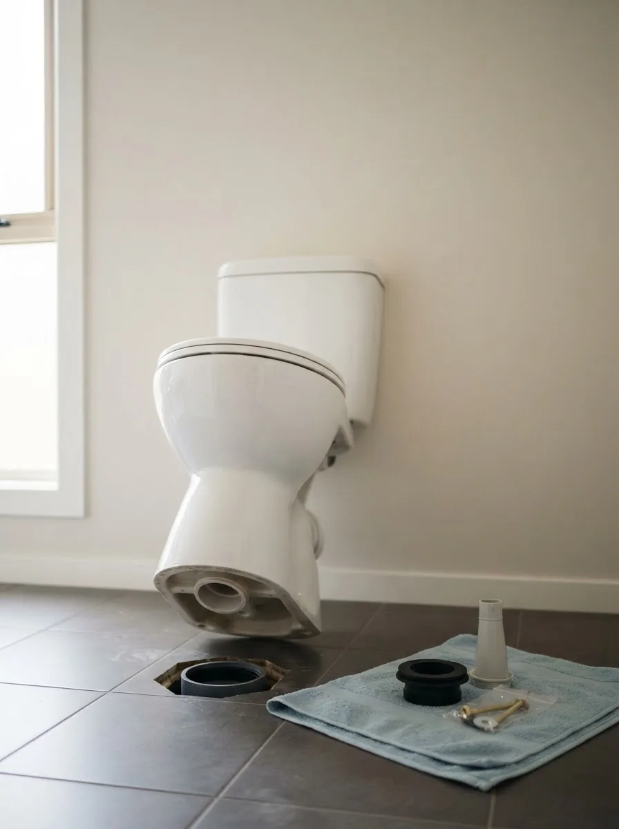 A toilet lifted off its waste connection with new cistern fittings laid on a towel beside it.
